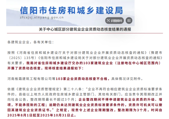 信阳住建局通报资质核查结果，卓猎网助力建企整改提升